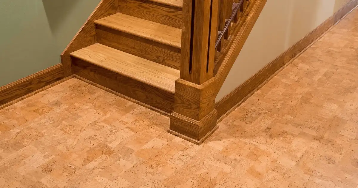 End of a staircase with cork flooring in New Haven, CT