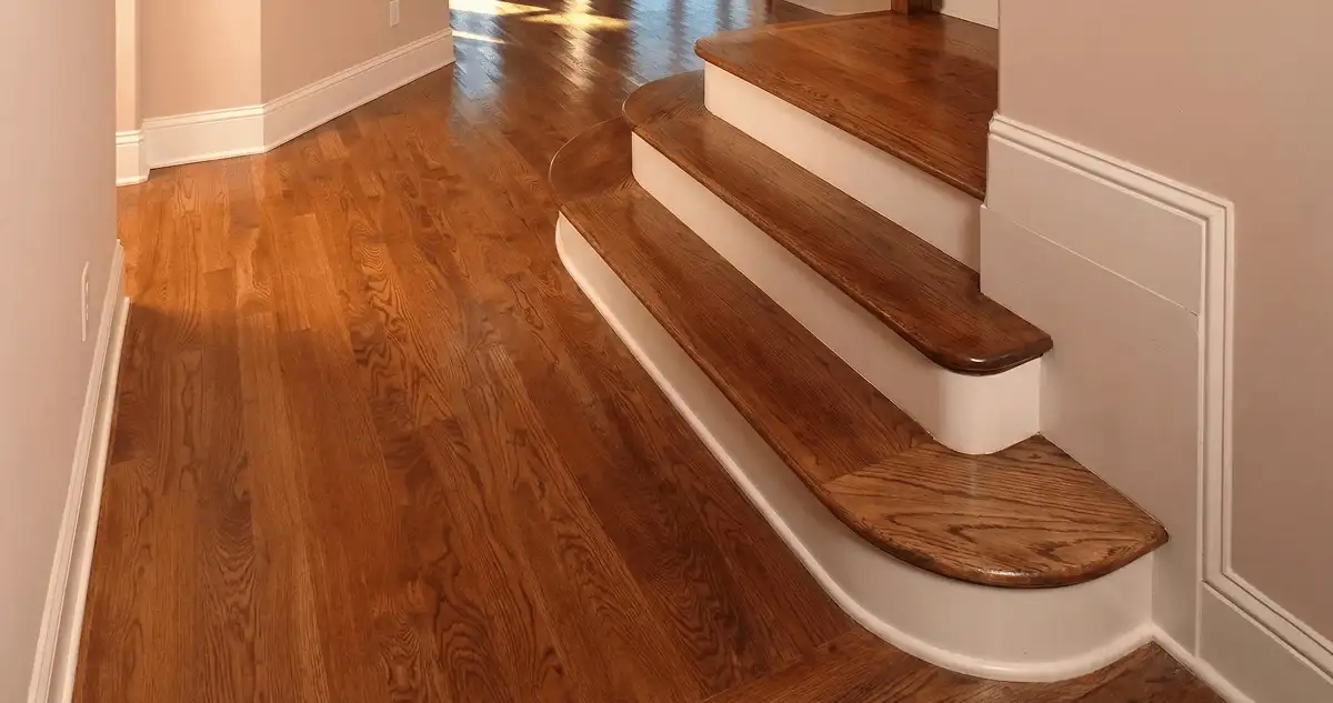Base floor of a staircase with professionally restored wood flooring in New Haven CT