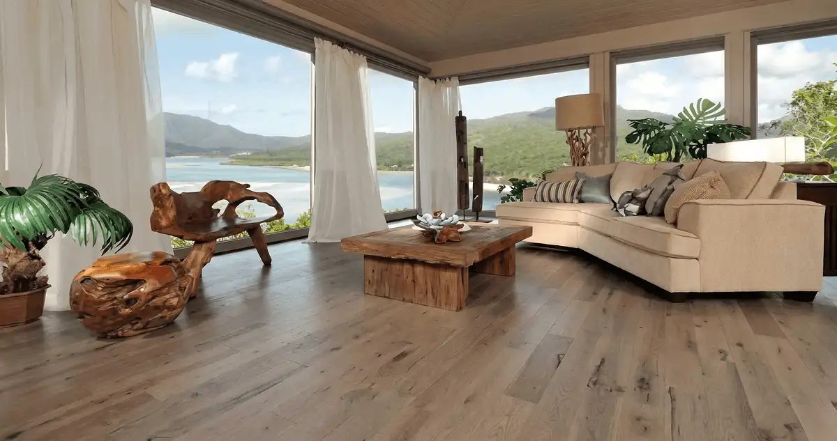 Professionally installed vinyl flooring in a modern living room with large windows in New Haven, CT